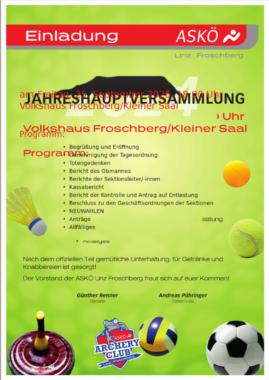 Einladung zur Jahreshauptversammlung am Freitag 25.09.2026, 18:00 Uhr Volkshaus Froschberg/kleiner Saal